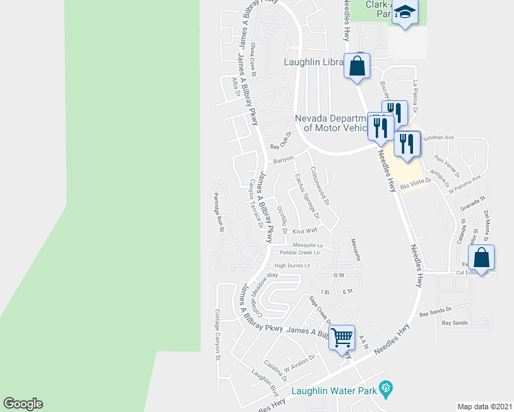 map of restaurants, bars, coffee shops, grocery stores, and more near 3208 Canyon Terrace Drive in Laughlin