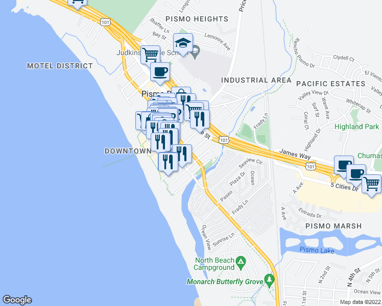 map of restaurants, bars, coffee shops, grocery stores, and more near Dolliver Street & Ocean View Avenue in Pismo Beach