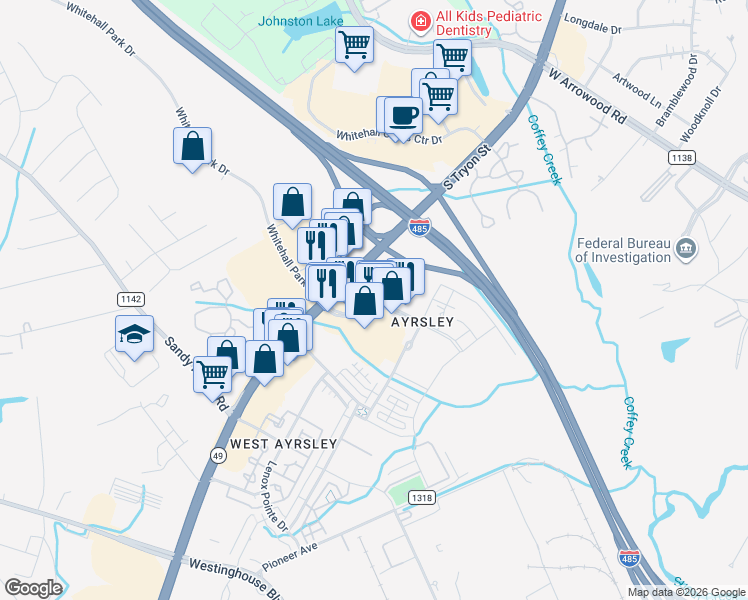 map of restaurants, bars, coffee shops, grocery stores, and more near 8505 South Tryon Street in Charlotte