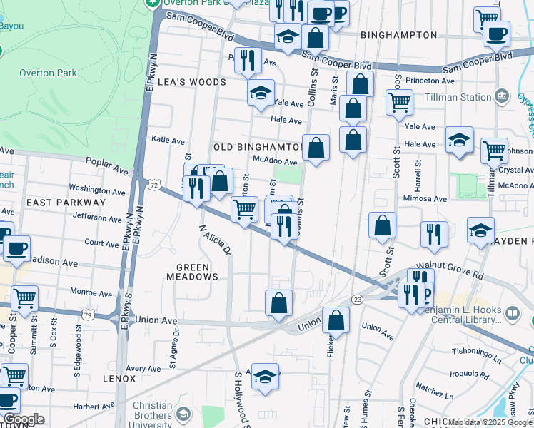map of restaurants, bars, coffee shops, grocery stores, and more near 2581 School Avenue in Memphis