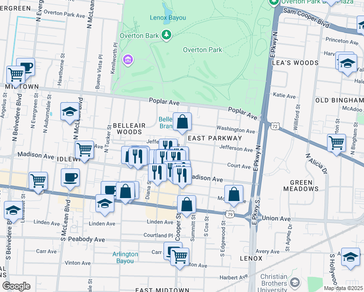 map of restaurants, bars, coffee shops, grocery stores, and more near in Memphis