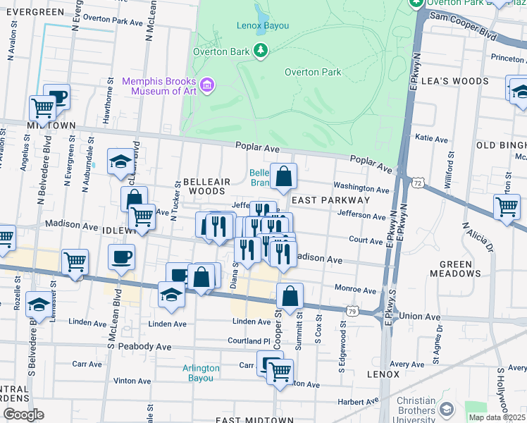 map of restaurants, bars, coffee shops, grocery stores, and more near 2102 Jefferson Avenue in Memphis