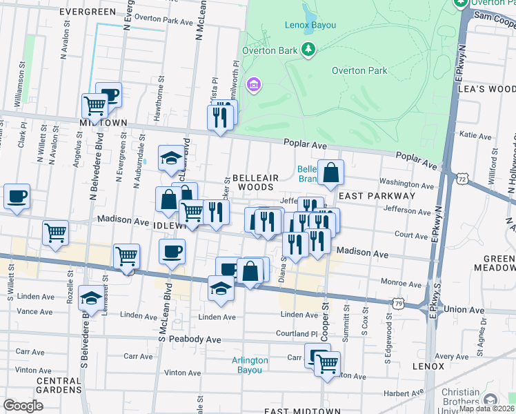 map of restaurants, bars, coffee shops, grocery stores, and more near 2024 Jefferson Avenue in Memphis