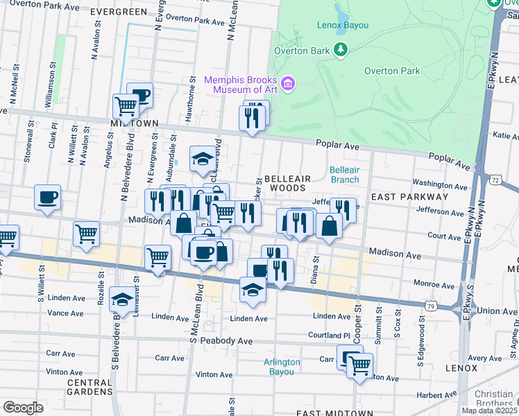 map of restaurants, bars, coffee shops, grocery stores, and more near 57 North Tucker Street in Memphis