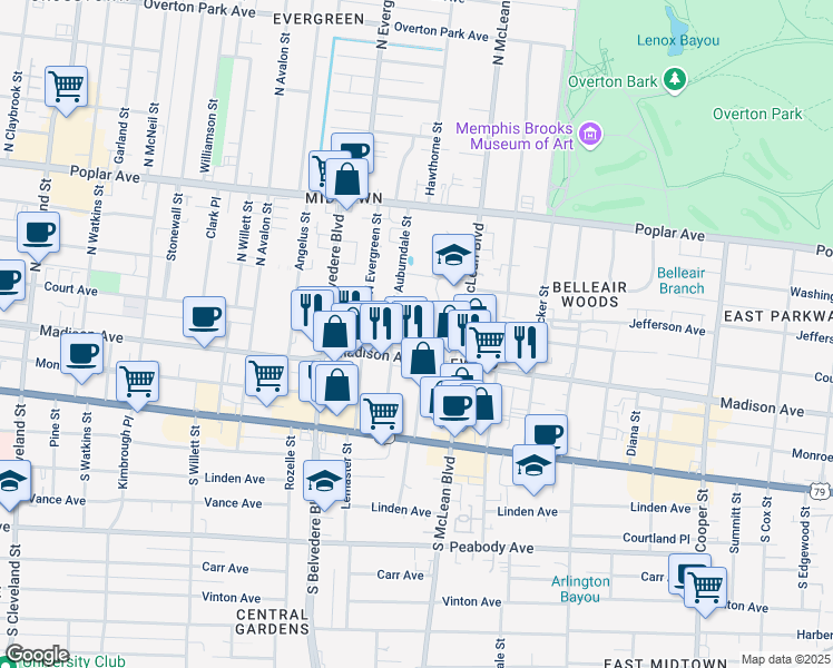 map of restaurants, bars, coffee shops, grocery stores, and more near 35 North Idlewild Street in Memphis