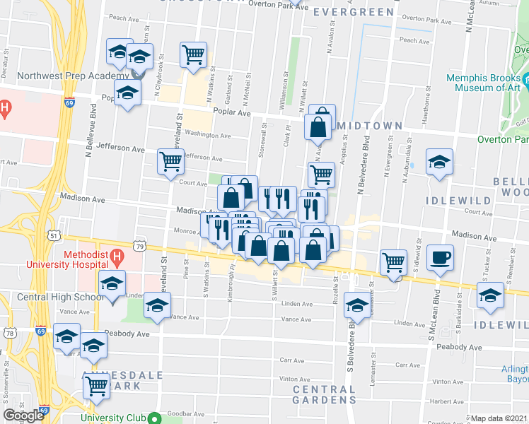 map of restaurants, bars, coffee shops, grocery stores, and more near 1524 Madison Avenue in Memphis