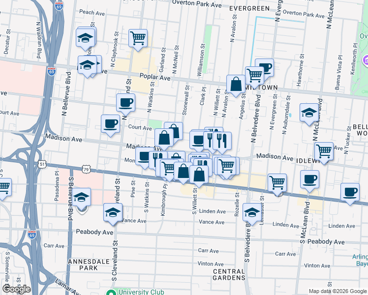 map of restaurants, bars, coffee shops, grocery stores, and more near 1508 Madison Avenue in Memphis
