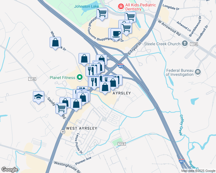 map of restaurants, bars, coffee shops, grocery stores, and more near 2092 Ayrsley Town Boulevard in Charlotte