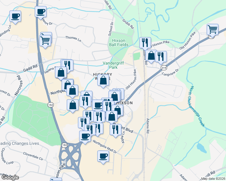 map of restaurants, bars, coffee shops, grocery stores, and more near 5210 Hickory Woods Lane in Chattanooga