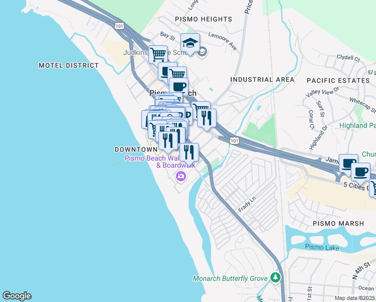 map of restaurants, bars, coffee shops, grocery stores, and more near 230 Stimson Avenue in Pismo Beach