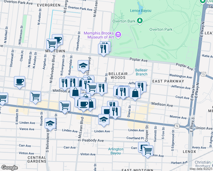 map of restaurants, bars, coffee shops, grocery stores, and more near 57 North Tucker Street in Memphis