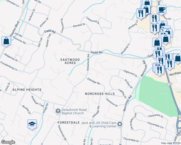 map of restaurants, bars, coffee shops, grocery stores, and more near 600 Mountain Wood Drive in Chattanooga