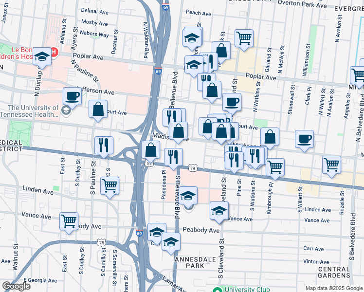 map of restaurants, bars, coffee shops, grocery stores, and more near 1245 Madison Avenue in Memphis