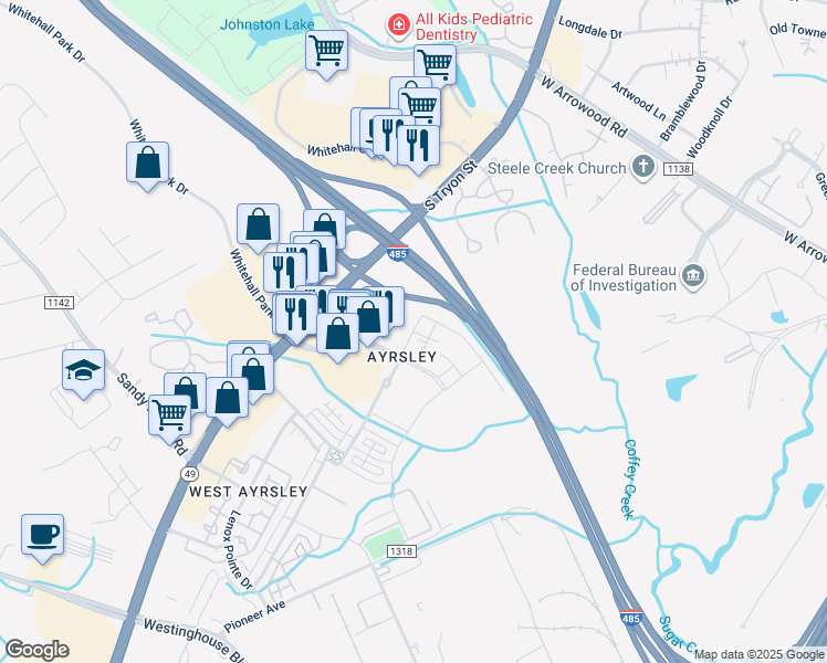 map of restaurants, bars, coffee shops, grocery stores, and more near 9101 Kings Parade Boulevard in Charlotte