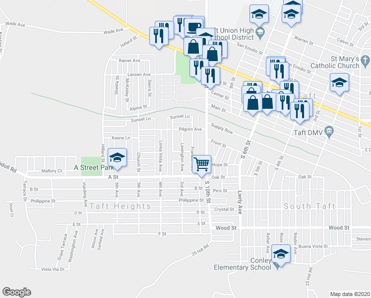 map of restaurants, bars, coffee shops, grocery stores, and more near 5 Cypress Lane in Taft