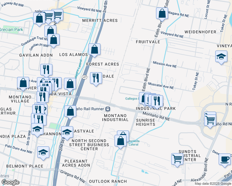 map of restaurants, bars, coffee shops, grocery stores, and more near 5705 Commercial Street Northeast in Albuquerque