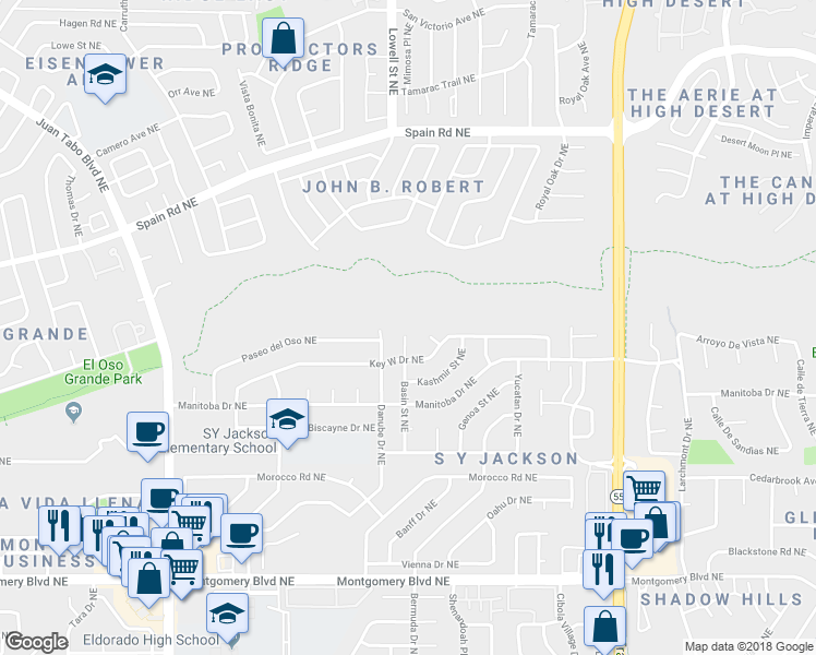 map of restaurants, bars, coffee shops, grocery stores, and more near 5016 Basin Street Northeast in Albuquerque