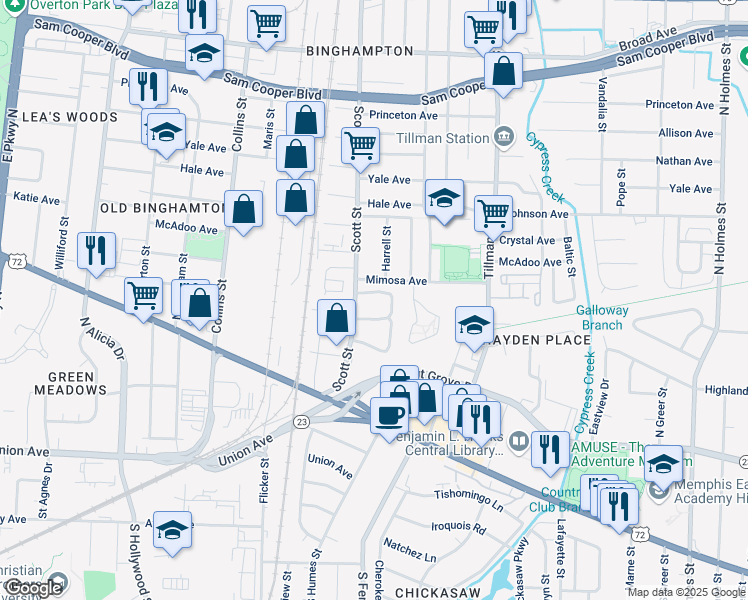 map of restaurants, bars, coffee shops, grocery stores, and more near 2832 Shady Oak Avenue in Memphis