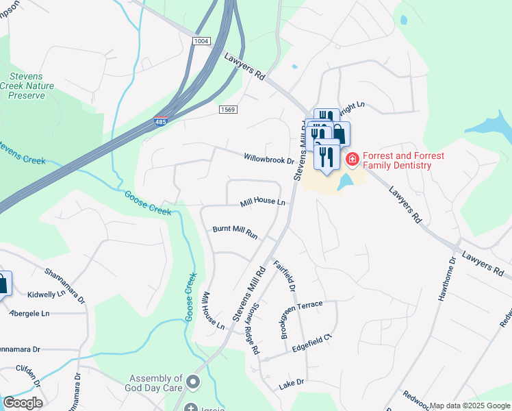 map of restaurants, bars, coffee shops, grocery stores, and more near 2356 Mill House Lane in Matthews