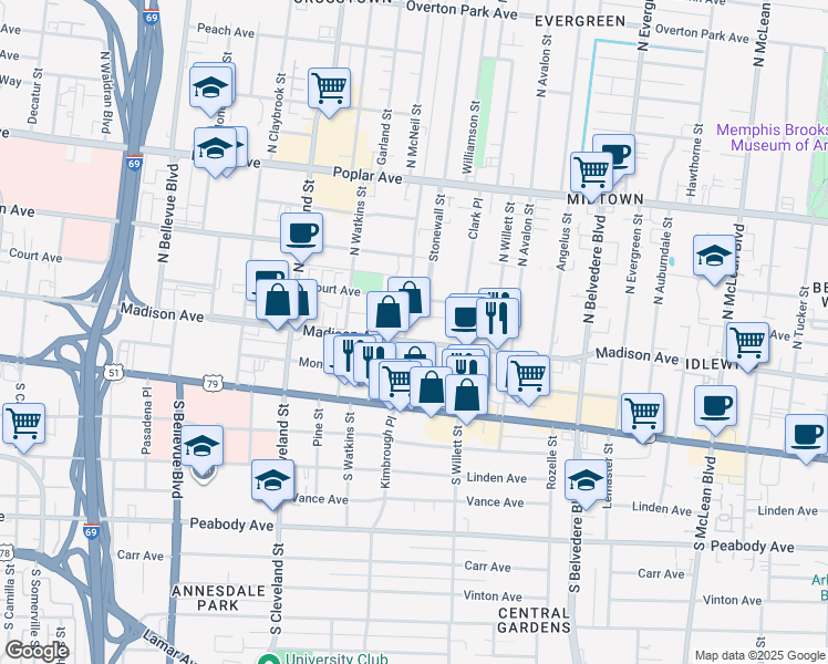 map of restaurants, bars, coffee shops, grocery stores, and more near 1472 Madison Avenue in Memphis
