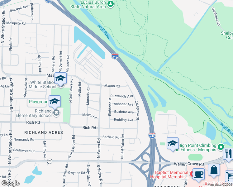 map of restaurants, bars, coffee shops, grocery stores, and more near 5676 Dunwoody Avenue in Memphis