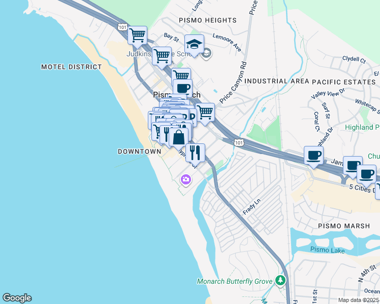 map of restaurants, bars, coffee shops, grocery stores, and more near 55 Stimson Avenue in Pismo Beach