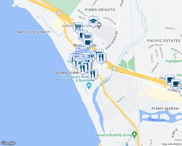 map of restaurants, bars, coffee shops, grocery stores, and more near 230 Stimson Avenue in Pismo Beach