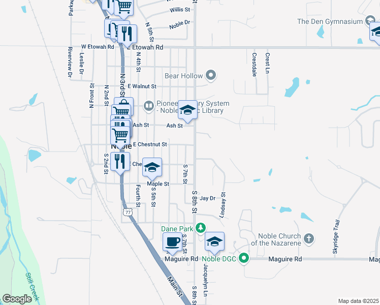 map of restaurants, bars, coffee shops, grocery stores, and more near 103 South 7th Street in Noble