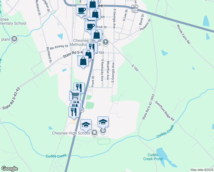 map of restaurants, bars, coffee shops, grocery stores, and more near 613 Mcarthur Avenue in Chesnee