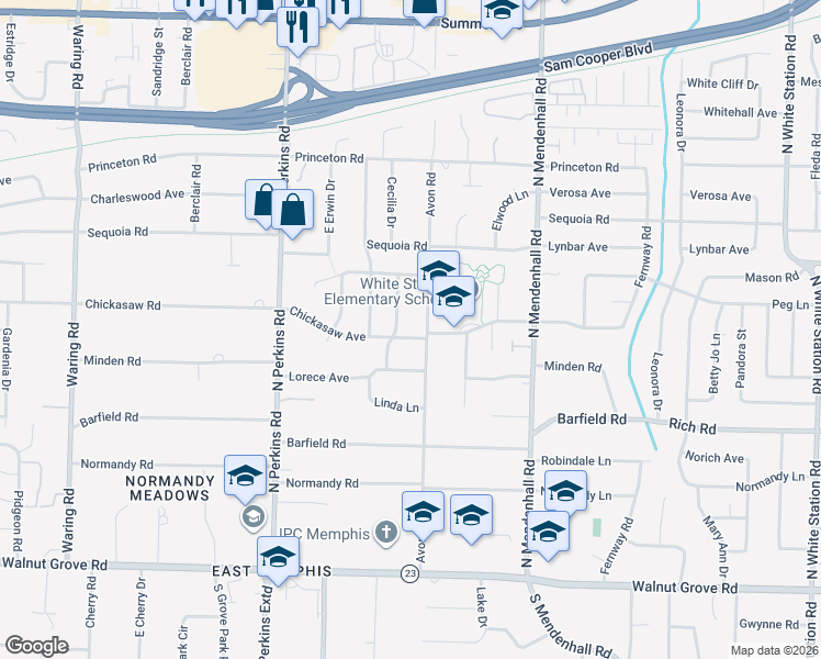 map of restaurants, bars, coffee shops, grocery stores, and more near 295 Avon Road in Memphis