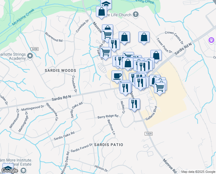 map of restaurants, bars, coffee shops, grocery stores, and more near 1354 Maple Shade Lane in Charlotte