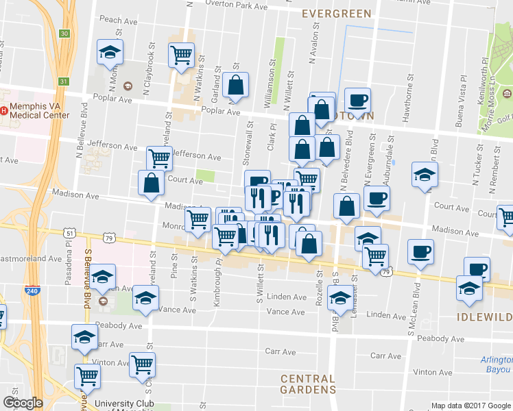 map of restaurants, bars, coffee shops, grocery stores, and more near 1528 Madison Avenue in Memphis