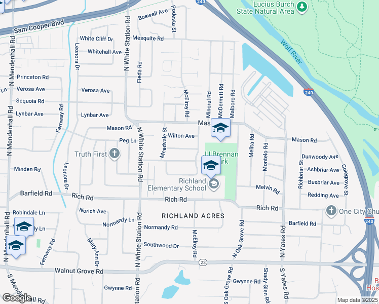 map of restaurants, bars, coffee shops, grocery stores, and more near 5367 Chickasaw Road in Memphis