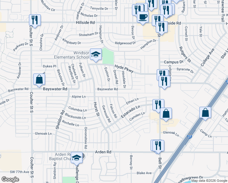 map of restaurants, bars, coffee shops, grocery stores, and more near 6503 Bayswater Road in Amarillo