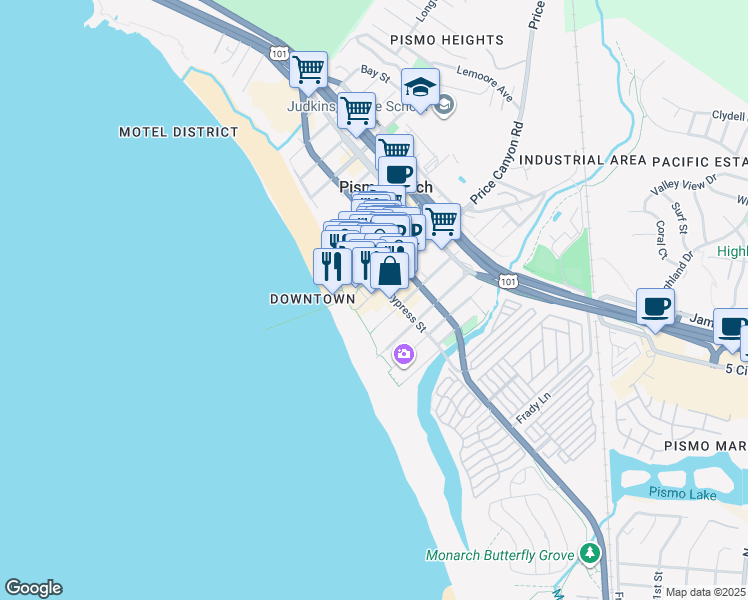 map of restaurants, bars, coffee shops, grocery stores, and more near 601 Cypress Street in Pismo Beach