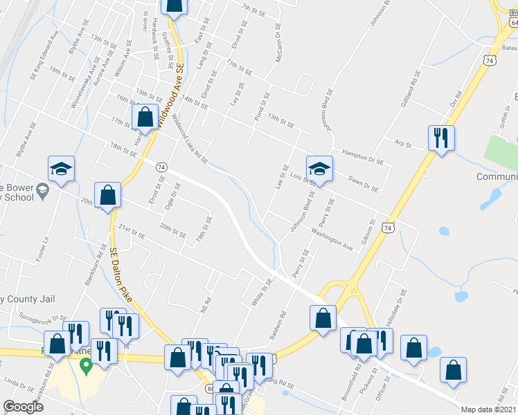 map of restaurants, bars, coffee shops, grocery stores, and more near 1525 Spring Place Road Southeast in Cleveland