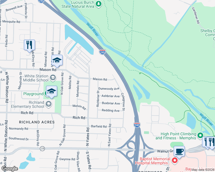 map of restaurants, bars, coffee shops, grocery stores, and more near 5676 Dunwoody Avenue in Memphis