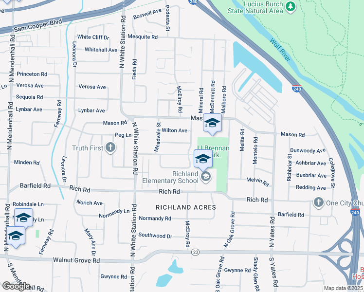 map of restaurants, bars, coffee shops, grocery stores, and more near 5367 Chickasaw Road in Memphis