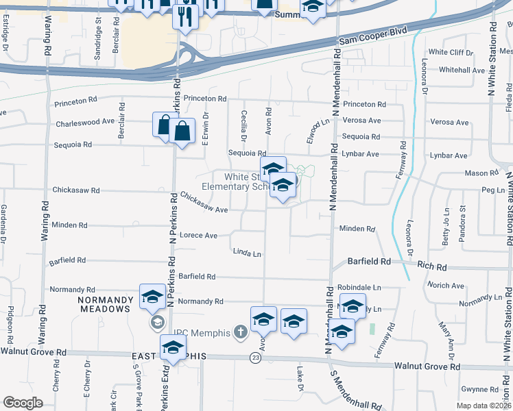 map of restaurants, bars, coffee shops, grocery stores, and more near 295 Avon Road in Memphis
