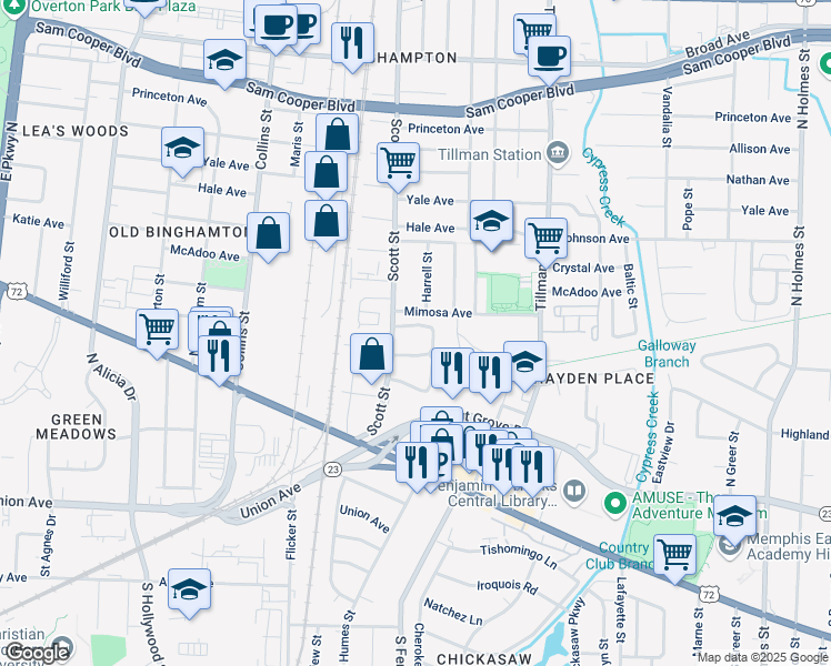 map of restaurants, bars, coffee shops, grocery stores, and more near 2832 Shady Oak Avenue in Memphis