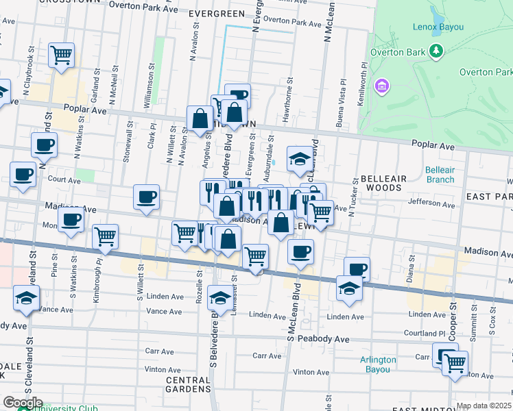 map of restaurants, bars, coffee shops, grocery stores, and more near 70 North Evergreen Street in Memphis