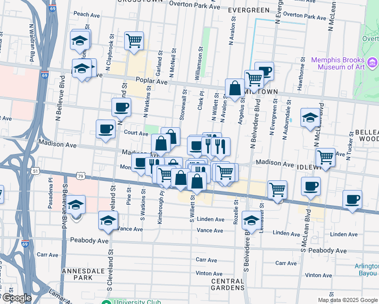 map of restaurants, bars, coffee shops, grocery stores, and more near 1524 Madison Avenue in Memphis