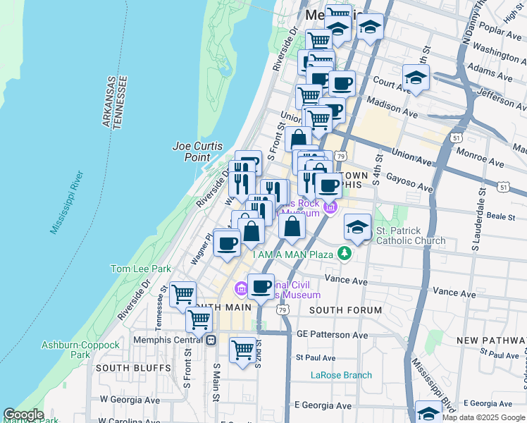 map of restaurants, bars, coffee shops, grocery stores, and more near in Memphis