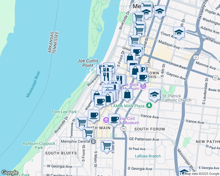 map of restaurants, bars, coffee shops, grocery stores, and more near 266 South Front Street in Memphis