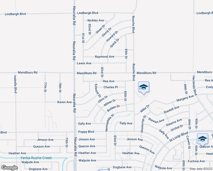 map of restaurants, bars, coffee shops, grocery stores, and more near 8283 Charles Place in California City