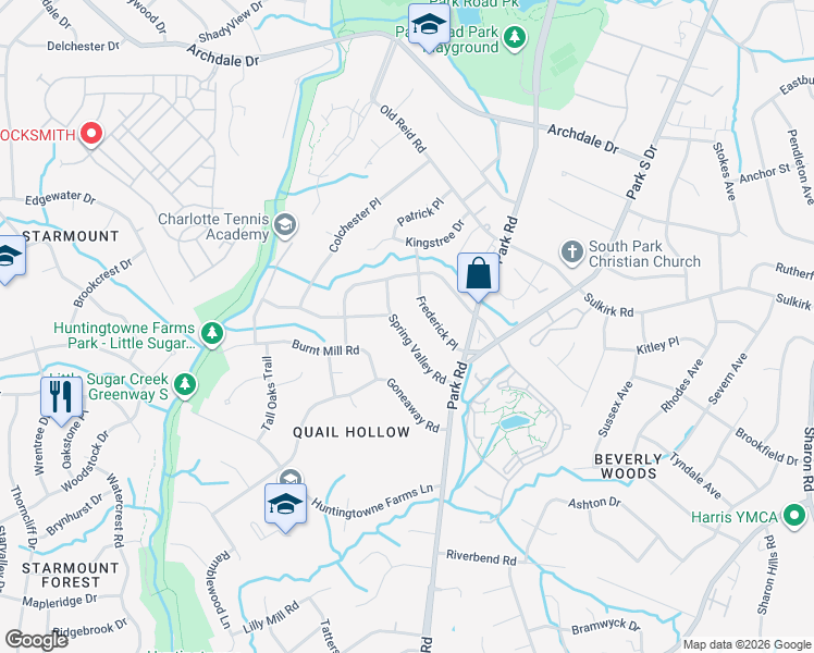 map of restaurants, bars, coffee shops, grocery stores, and more near 3136 Frederick Place in Charlotte