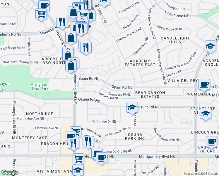 map of restaurants, bars, coffee shops, grocery stores, and more near 8600 Spain Road Northeast in Albuquerque