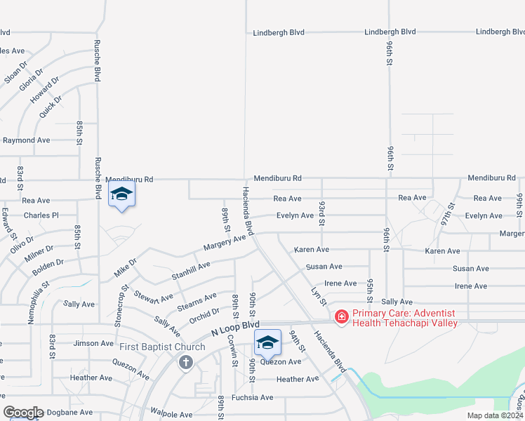 map of restaurants, bars, coffee shops, grocery stores, and more near 9019 Evelyn Avenue in California City