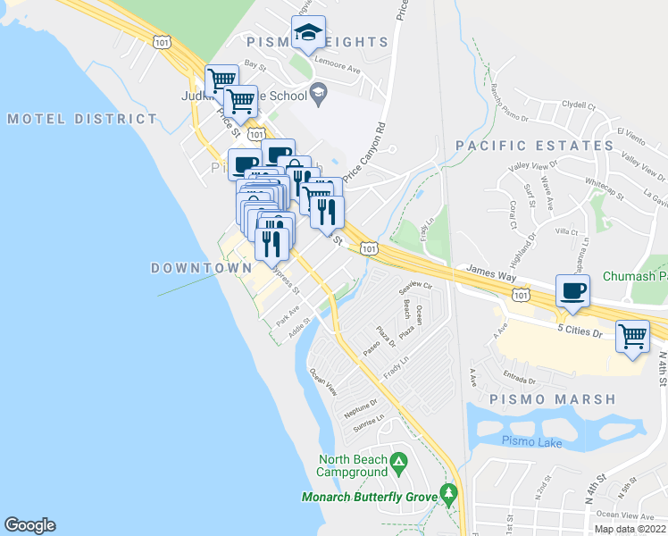 map of restaurants, bars, coffee shops, grocery stores, and more near 341 Park Avenue in Pismo Beach