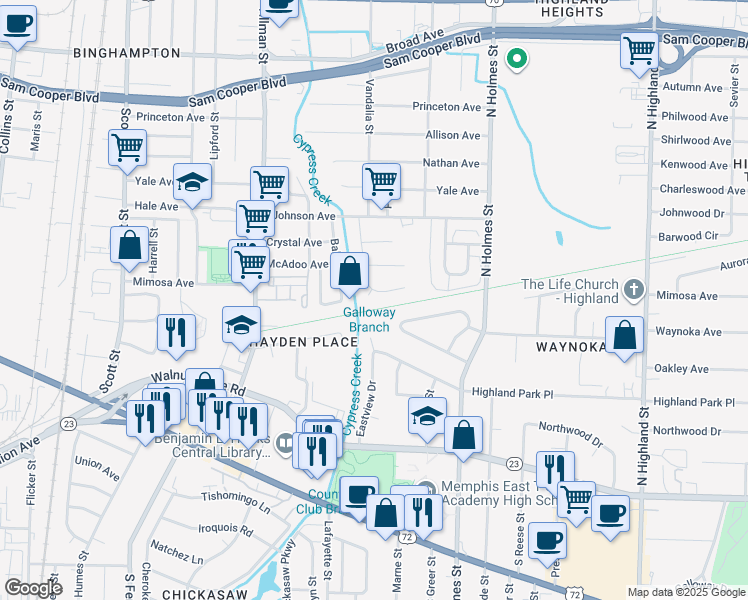 map of restaurants, bars, coffee shops, grocery stores, and more near 3137 Mimosa Avenue in Memphis